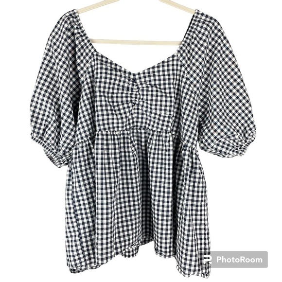 Terra & Sky Tops - Terra & Sky Black and White Checked Blouse Bell Sleeves with Elastic